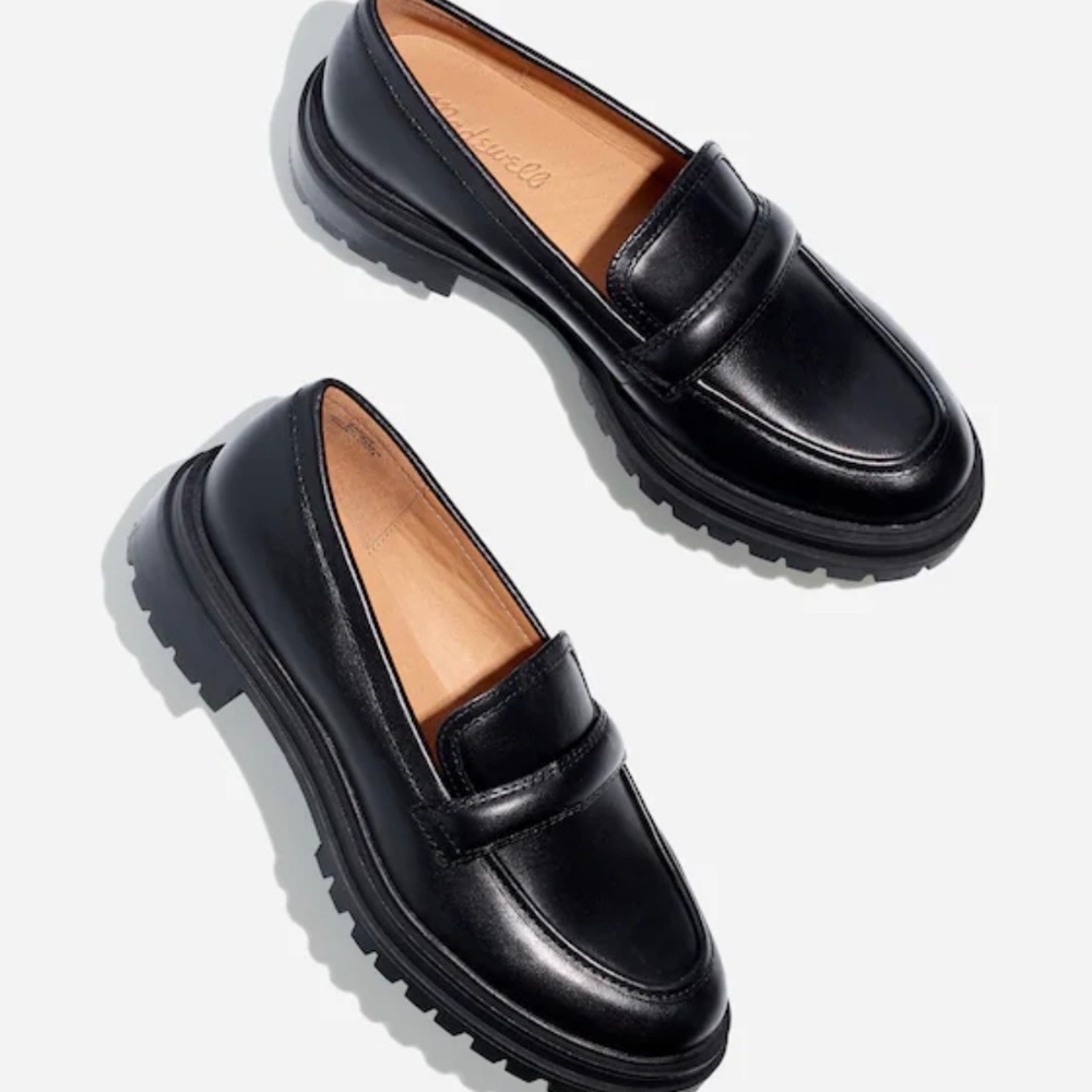 Madewell Black Leather Lug Sole Penny Loafers